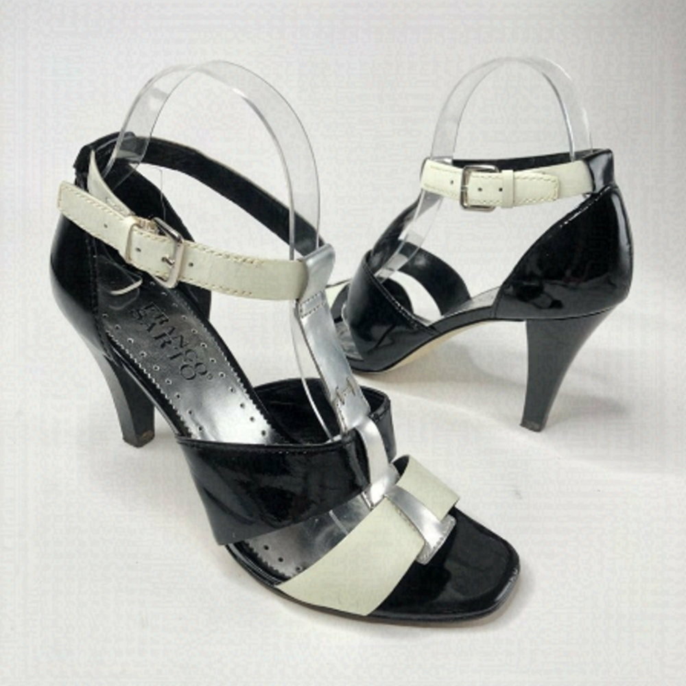 Franco SARTO Shiny Black Silver Patent Leather T-Strap Colorblock Sandal Heels